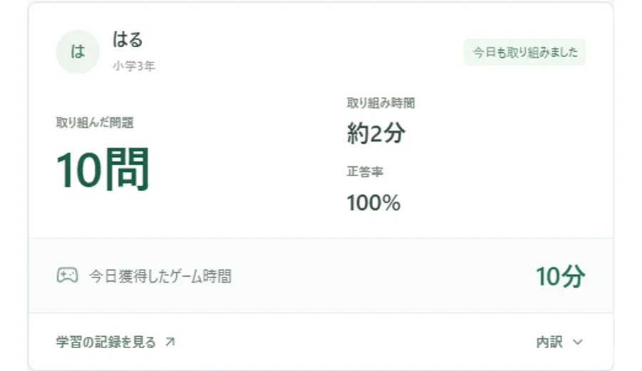 架空のお子さん、はるの学習状況を表示した実際の保護者画面